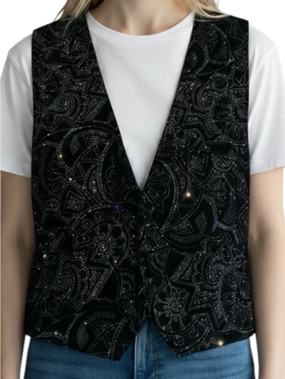 Vintage Attitudes Black Velvet Glitter Vest Paisley Sparkle Metallic Shimmer L